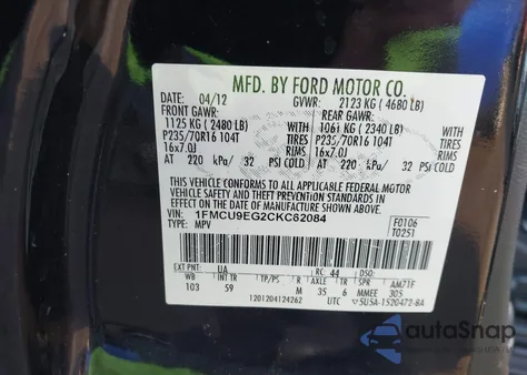 2012 Ford Escape Limited from USA, damaged, VIN 1FMCU9EG2CKC62084